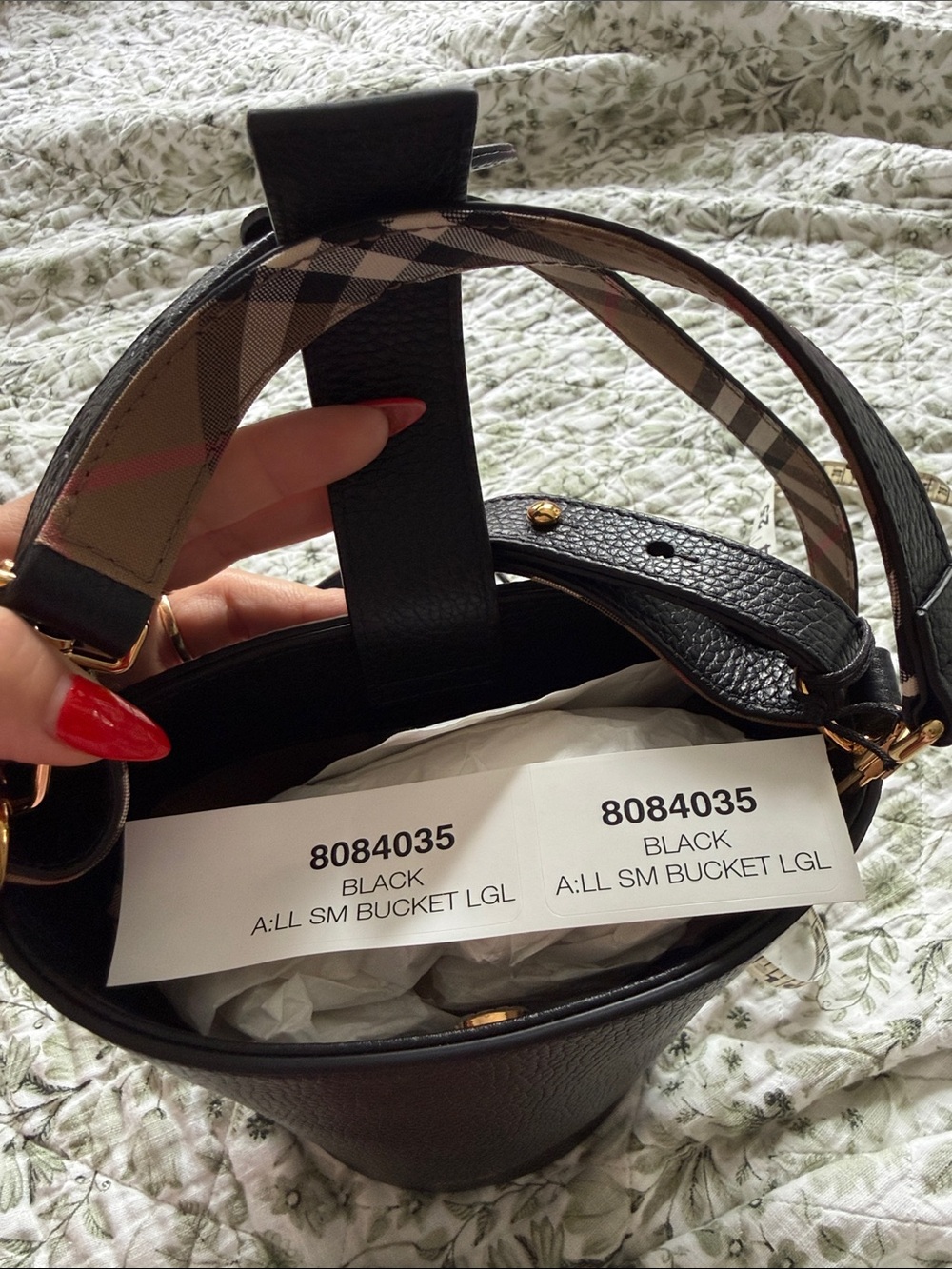 Burberry Black Pebbled Leather Bucket Bag with Check-Print Strap - Picture 6 of 7
